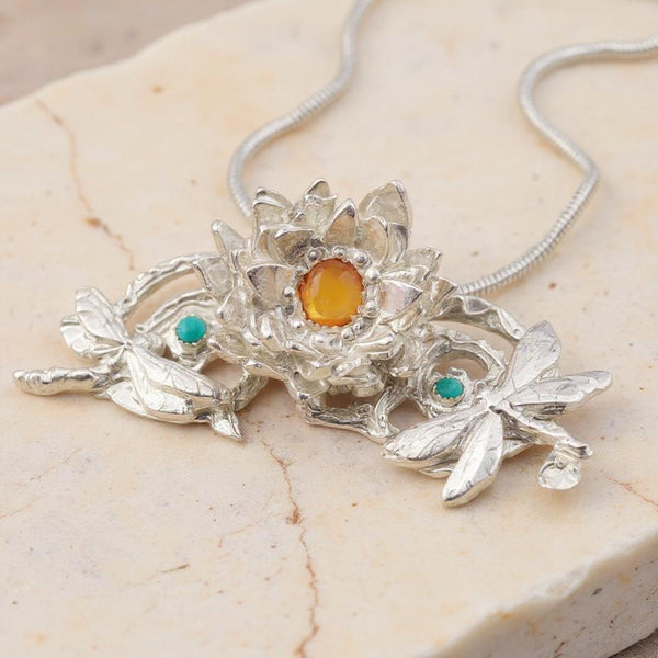 Dragonflies and Water lily Gemstone Statement Necklace