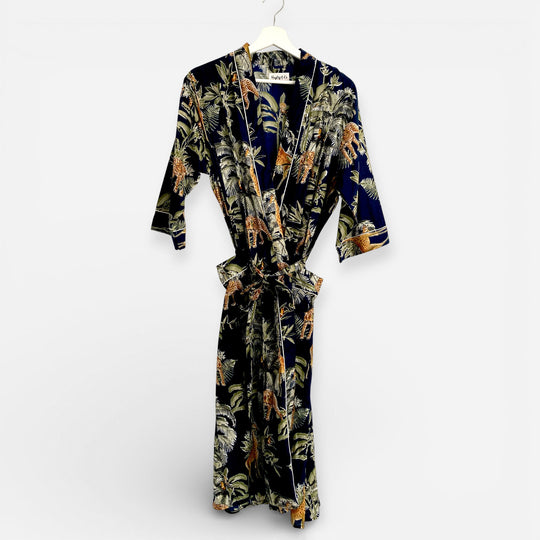 Giraffe Print 100% Cotton Dressing Gown in Dark Blue