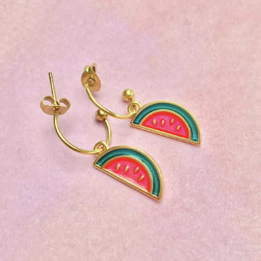 Watermelon Stainless Steel Hoops with 24ct Gold Pendants Earrings