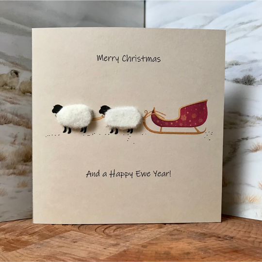 Handmade Sheep’s Wool Christmas Card – Happy Ewe Year