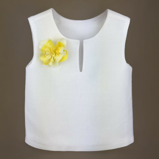 Girls Linen Blouse With Organic Yellow Flower Detail