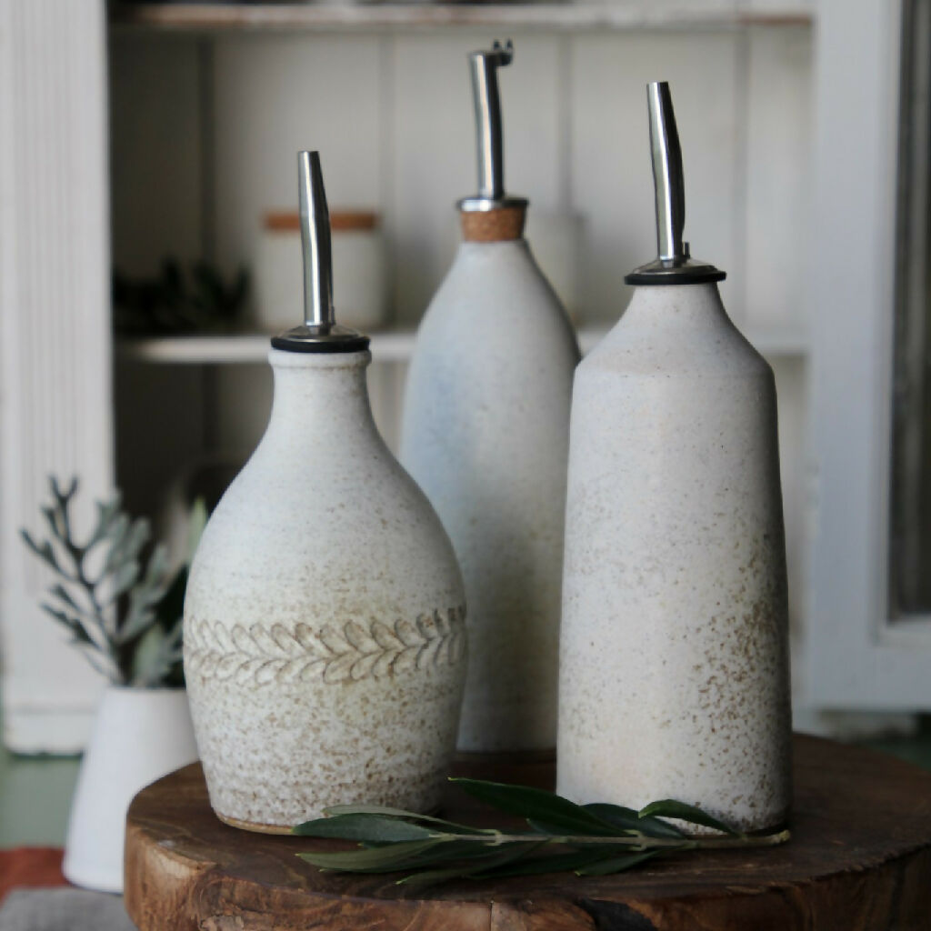 Handmade Stoneware Olive Oil Bottle 300ml. Rustic Kitchen Accessory
