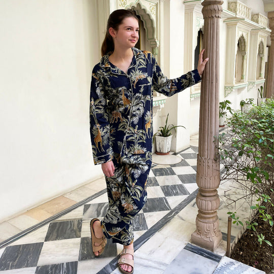 Giraffe Print 100% Cotton Long Pyjama Set in Dark Blue