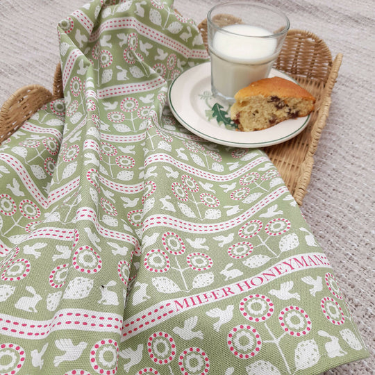 Bunny & Bird Organic Cotton Tea Towel in Pink & Green