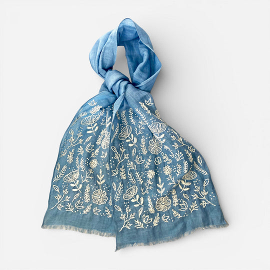 Hand Embroidered 100% Linen Scarf in Denim Blue Floral