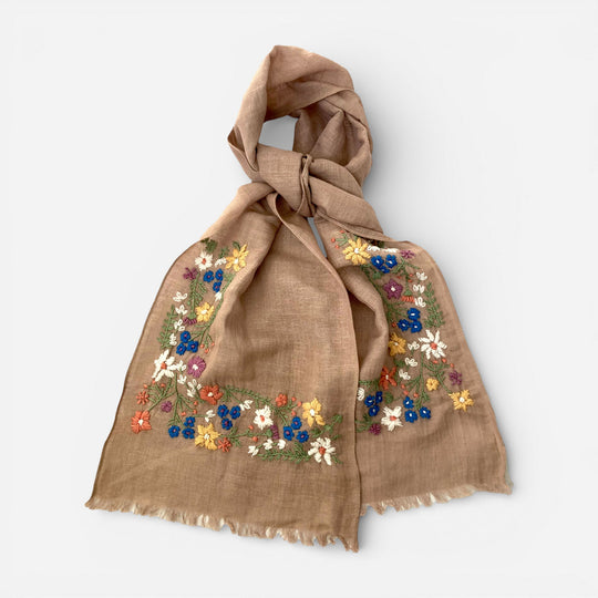 Hand Embroidered 100% Linen Scarf in Soft Brown Floral