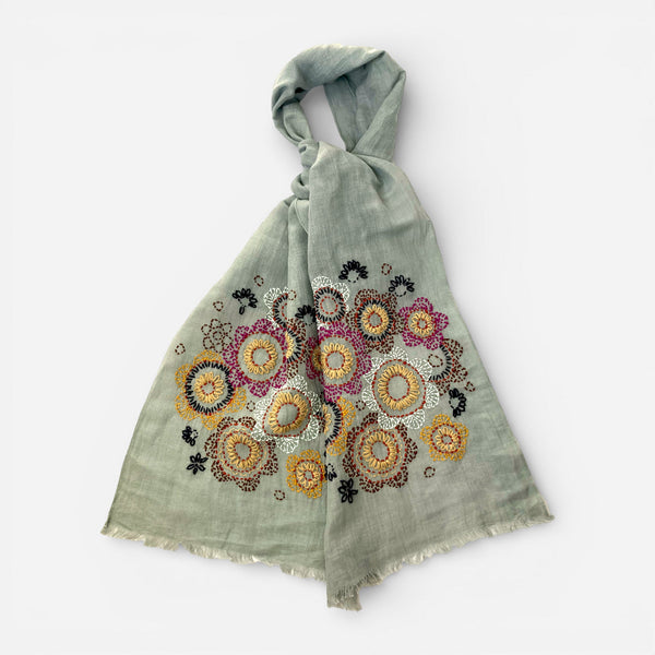 Hand Embroidered 100% Linen Scarf in Grey Floral