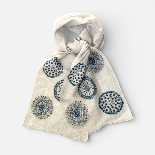 Hand Embroidered 100% Linen Scarf in Light Grey and Blue