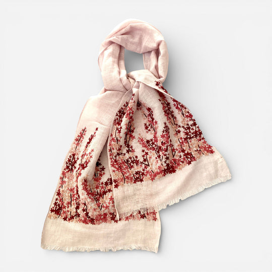 Hand Embroidered 100% Linen Scarf in Light Pink Meadow Floral
