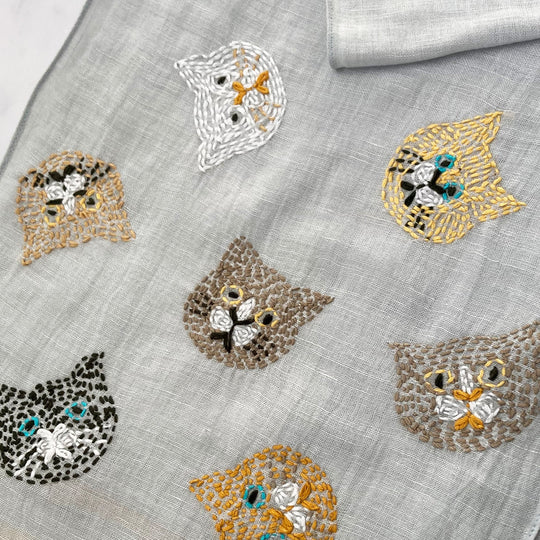 Hand Embroidered 100% Linen Scarf with Cat face design