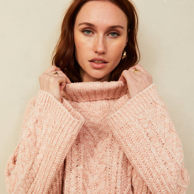 Emily Cable Roll Neck Tunic Jumper - Dusky Pink