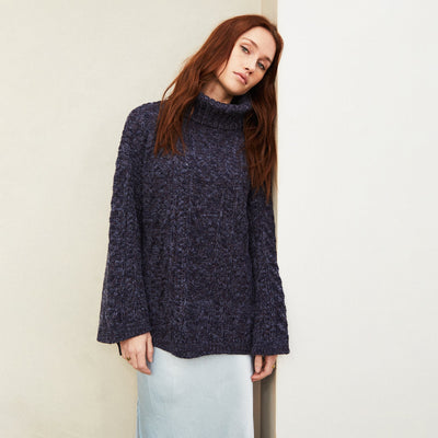 Emily Cable Roll Neck Tunic Jumper - Navy Blue