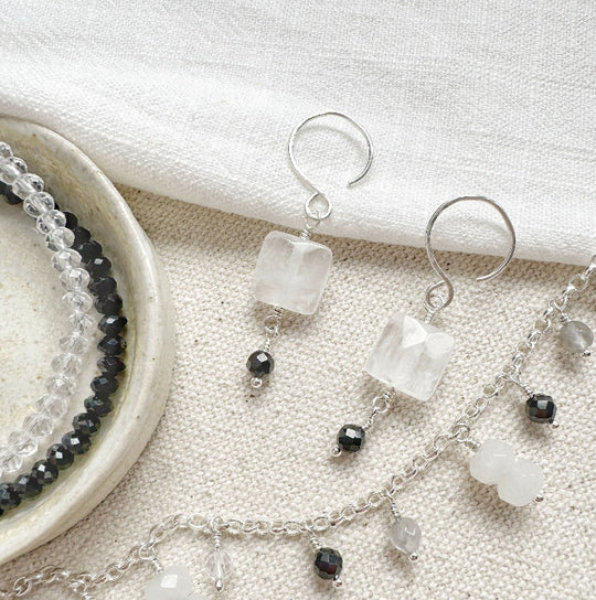 Winter Token Pendant Necklace with Rock Crystal and Black Agate