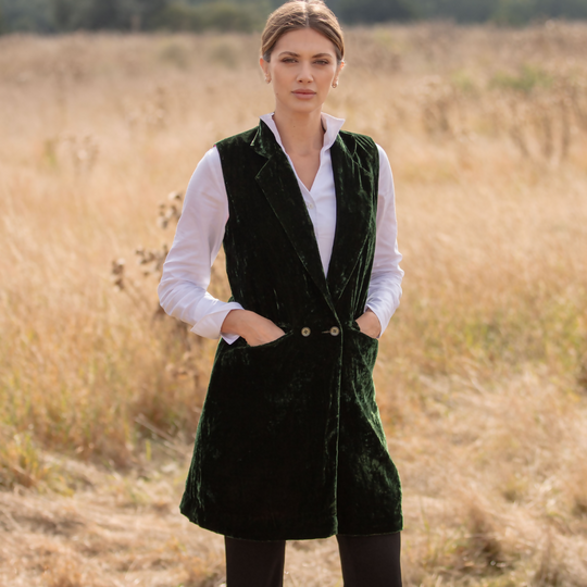 Long Silk Velvet Waistcoat In Forest Green