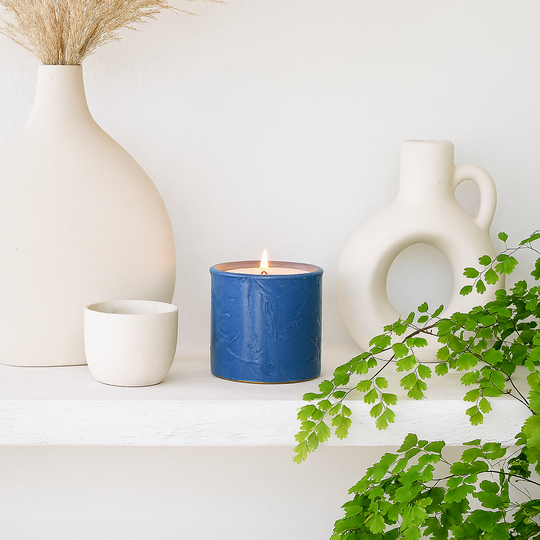 Lino print Botanical Candle Pot with Refill-Denim Blue