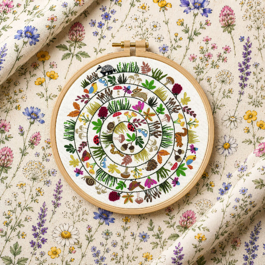 Round and Round the Woodland Hand Embroidery Kit with Pre Printed Fabric and Colour Pattern