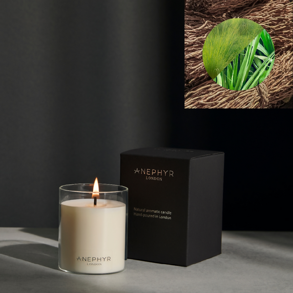 essential oil aromatherapy candle in glass jar with luxury gift box vetiver earthy woody herbal non-toxic natural candle Anephyr