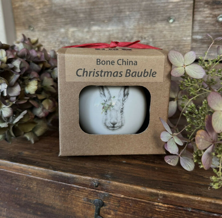 Fine Bone China Festive Hare Christmas Bauble Decoration