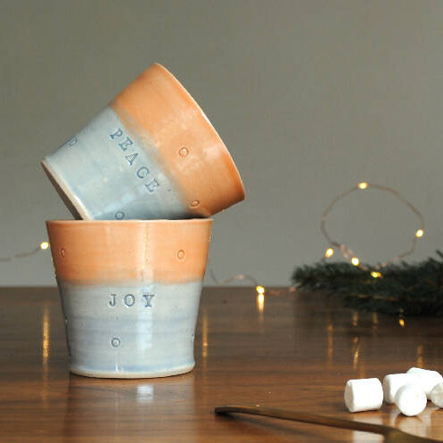 Small Stoneware Tumbler with 'Joy', 'Love' or 'Peace' Engraving in Purple and Orange