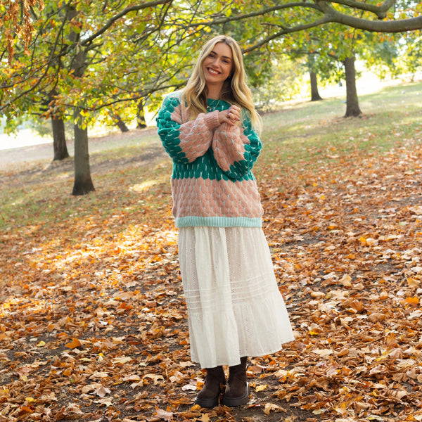 Marissa Bubble Stitch Balloon Sleeve Jumper - Green & Pink