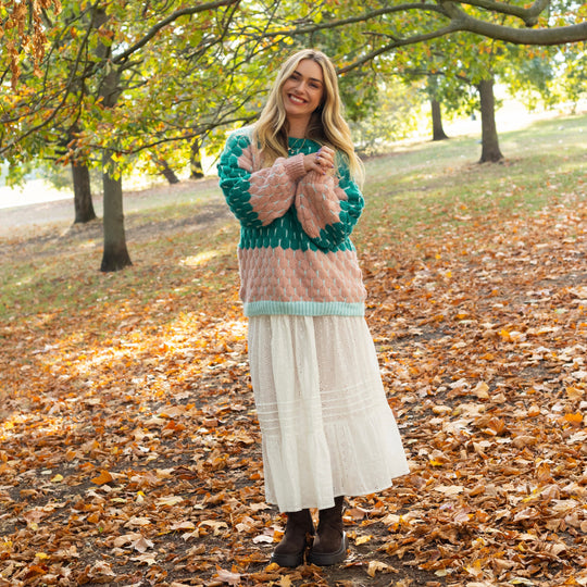 Marissa Bubble Stitch Balloon Sleeve Jumper - Green & Pink