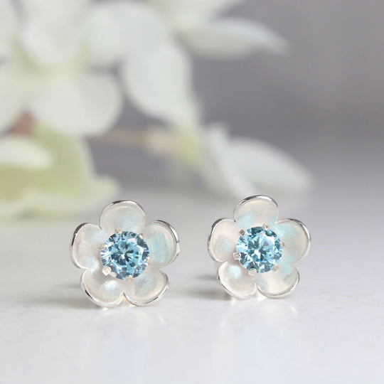Silver blossom birthstone stud earrings