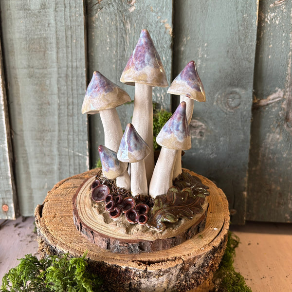 Pottery Toadstool Oakleaf Group in Creams and Browns with cream and purple caps