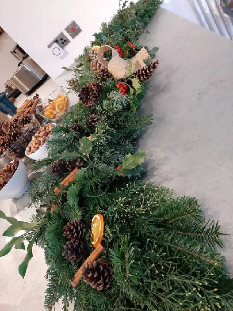 Christmas garland made from Fresh Evergreen Branches & Natural Decorations