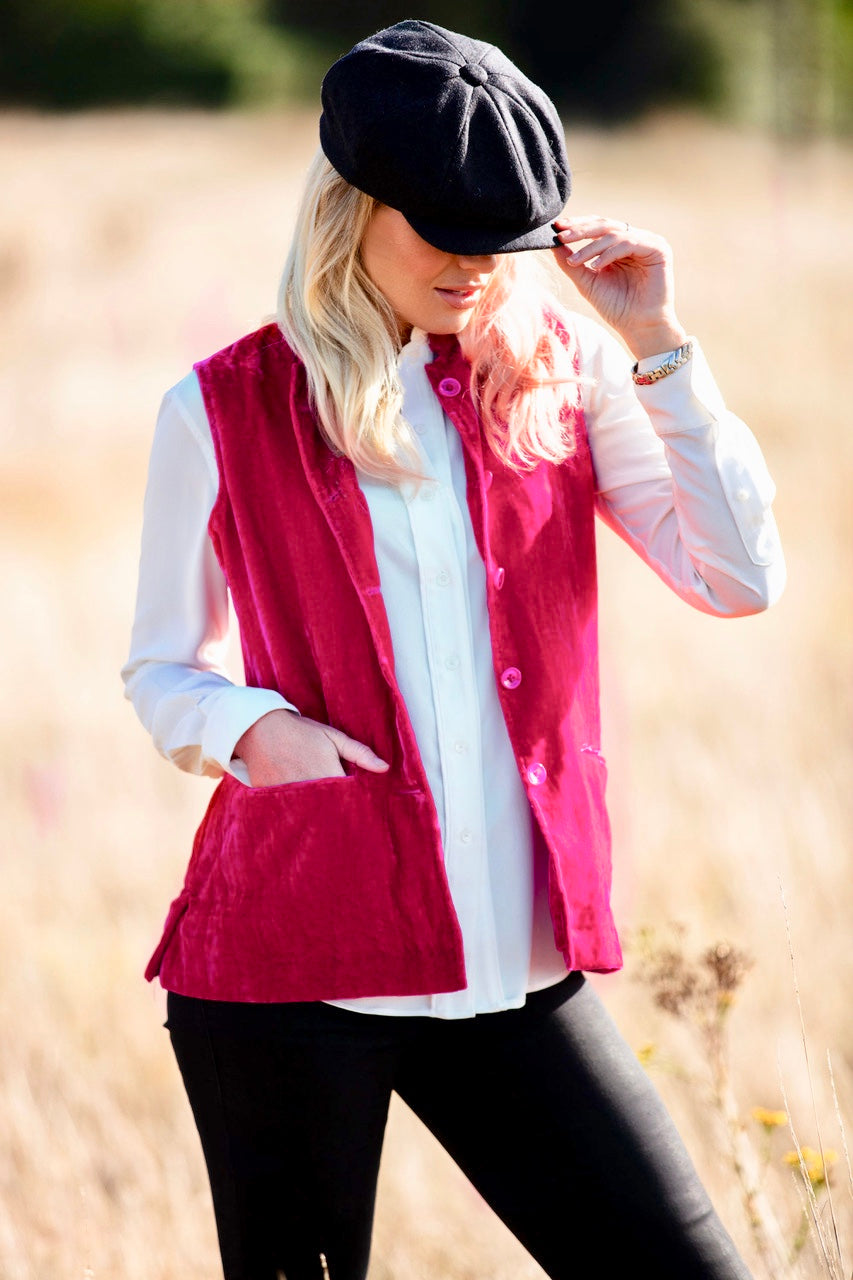 Short Silk Velvet Waistcoat In Hot Pink