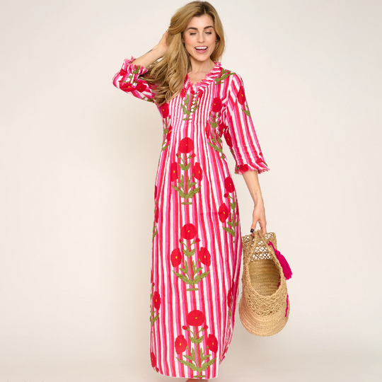 Cotton Annabel Maxi Dress in Red Marigold