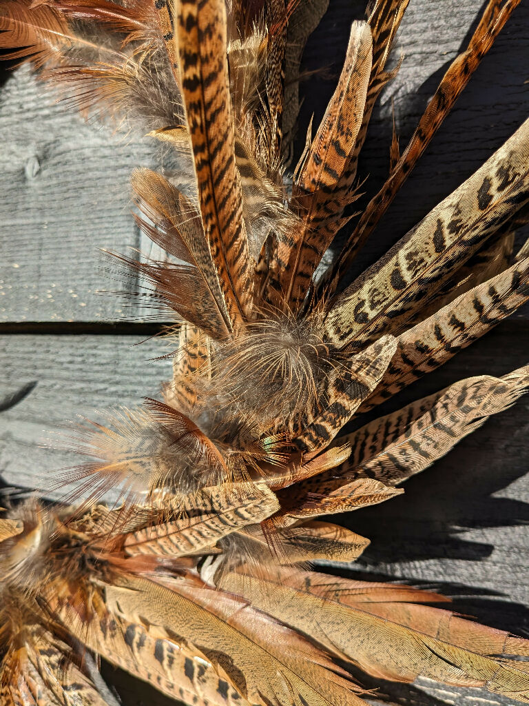 Feather Wreath with Pheasant Feathers on Slim Brass Metal Frame