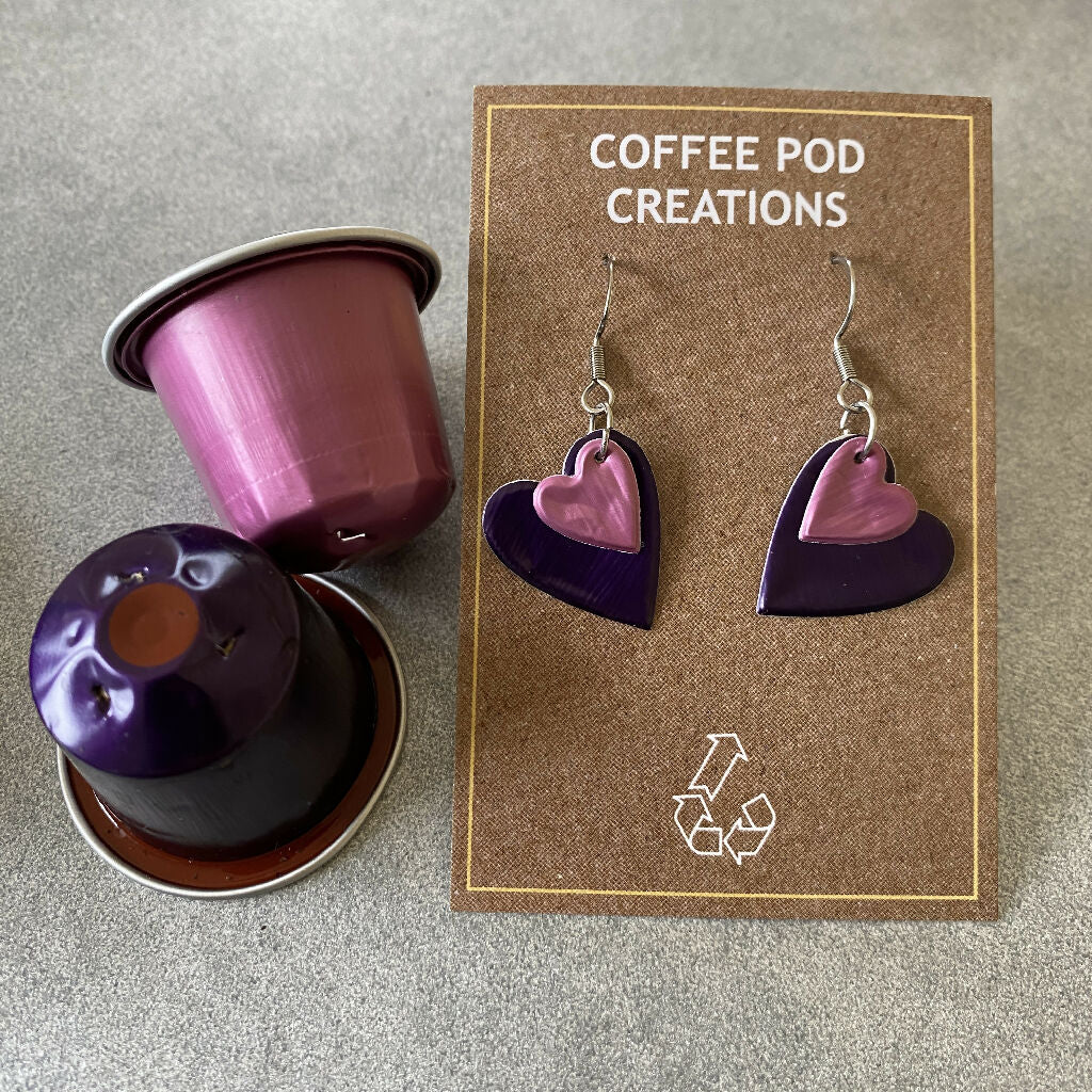 Recycled Metal Heart Earrings in Purple and Pink