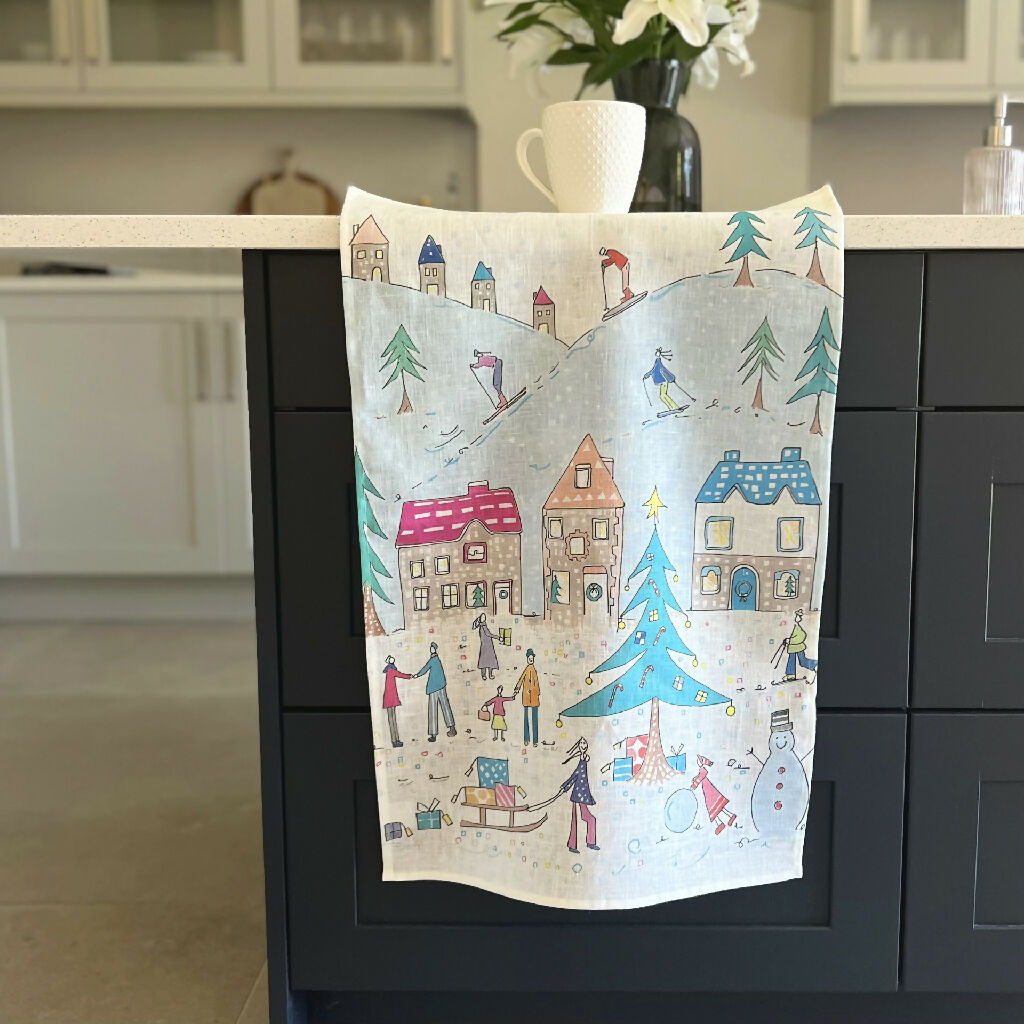 Christmas Linen Tea Towel in Christmas Village