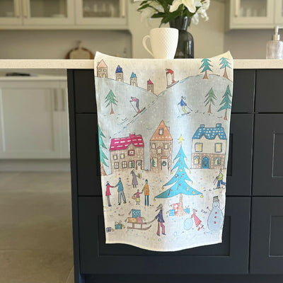 Christmas Linen Tea Towel in Christmas Village