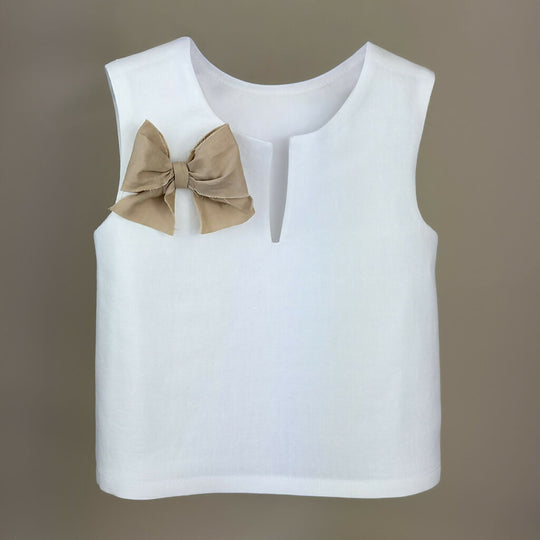V-neck Girls Top in White with Beige Ribbon Finish