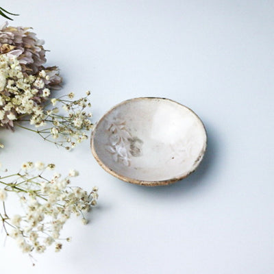 Raku Bowl in White Leaf Design