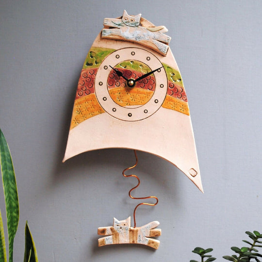Jumping Cat Ceramic Wall Clock with Pendulum