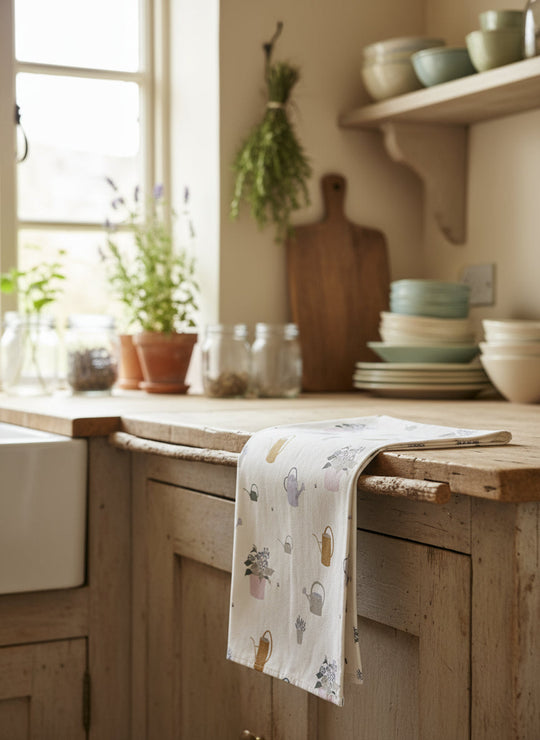 Watering Can and Flowerpots Design Tea Towel