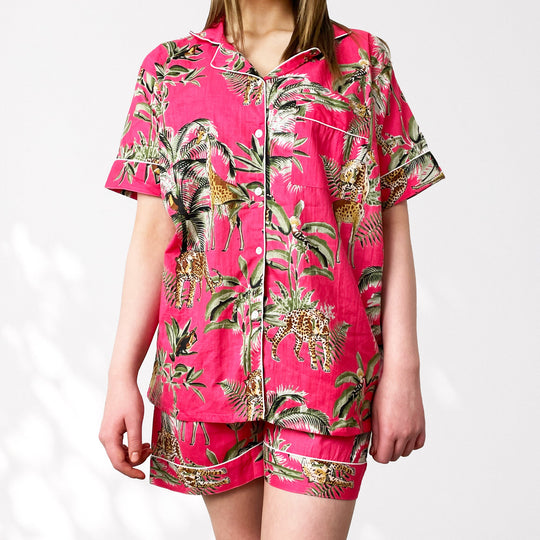 Giraffe Print 100% Cotton Short Pyjama Set in Pink