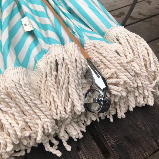 Aquamarine/Antique White Stripe Large Tassel Fringed Outdoor Parasol