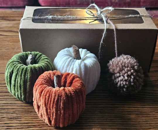 Chenille Wool Pumpkin Set: Handmade Autumn Decor with Wooden Stems