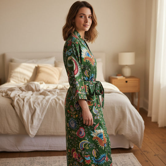 Green Floral Block Print 100% Cotton Dressing Gown