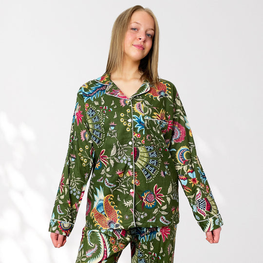 Green Block Print Floral 100% Cotton Long Pyjama Set
