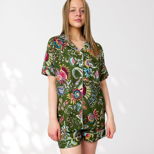 Green Block Print Floral 100% Cotton Short Pyjama Set