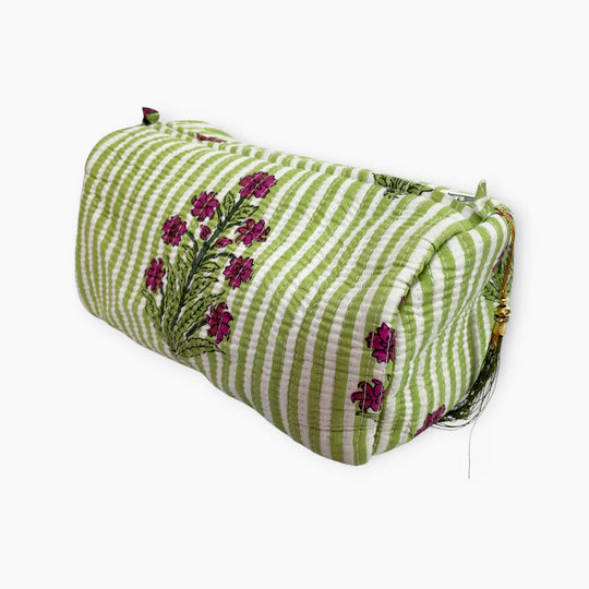 Green Stripe Block Print Cotton Small Make Up Bag, Pencil Case with Waterproof Lining