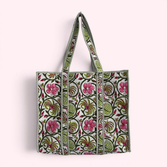 Green and Pink Floral Quilted Cotton Tote Bag