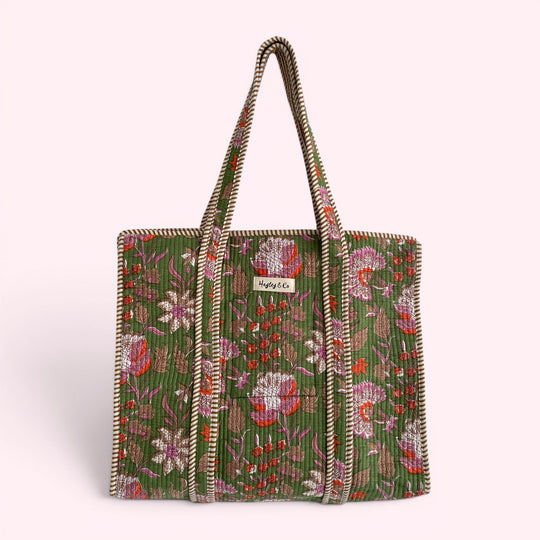 Green Floral Block Print Quilted Cotton Tote Bag