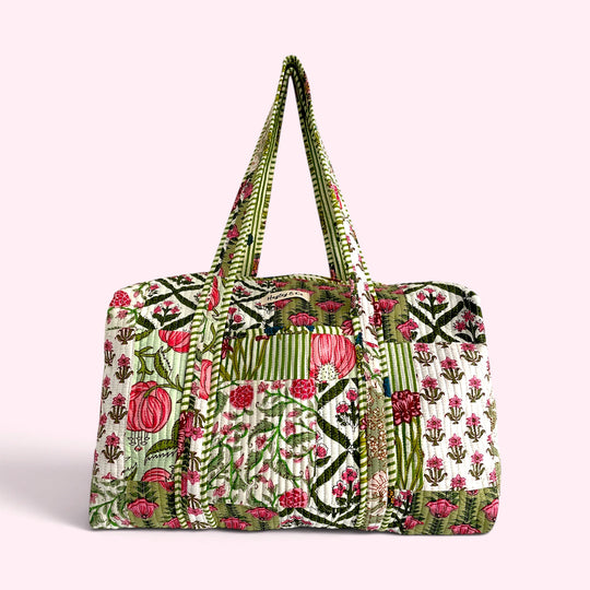 Green Patchwork Floral Block Print Cotton Quilted Weekend Duffle Bag