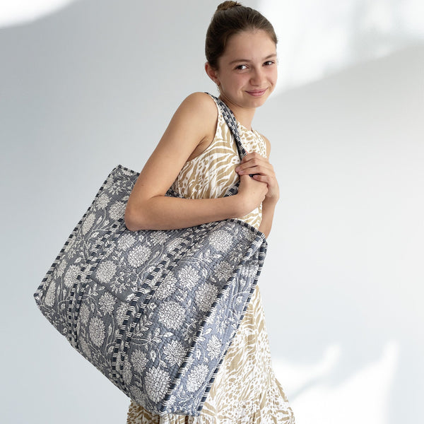 Grey Flower Quilted Cotton Shoulder Bag