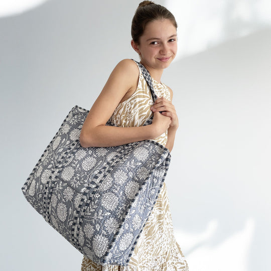 Grey Flower Quilted Cotton Shoulder Bag with Zip fastening